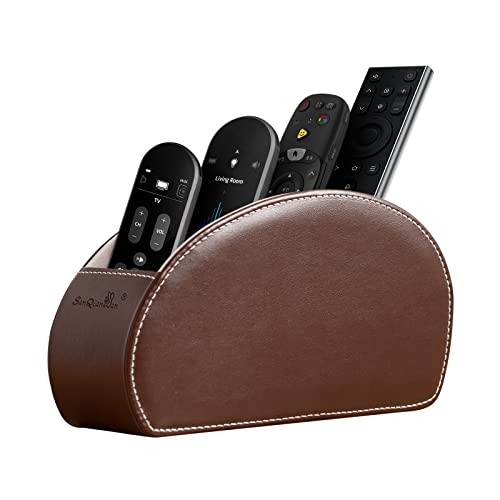 Remote Control Holder , PU Leather Organizer Box with 5 Compartments for Table Bed Office ,Remote Caddy Desktop Storage Home Accessories for Controllers , Media Player ,Make up Brush ,Pen (Brown-A)