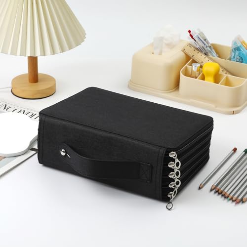 Canvas 250 Slots Pencil Case 5-Layer Zipped Holder w/Handle - color: Black, size: 250