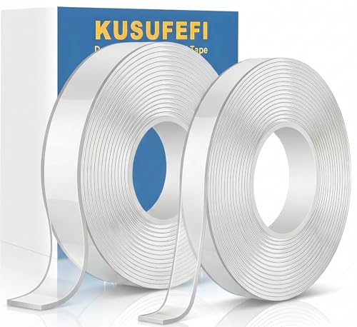 KUSUFEFI Double Sided Adhesive tape Heavy Duty, Double Stick Mounting (2 Rolls, Total 20FT), Clear Two Sided Wall tape Strips, Removable Poster tape for Home, Office, Car, Outdoor Use