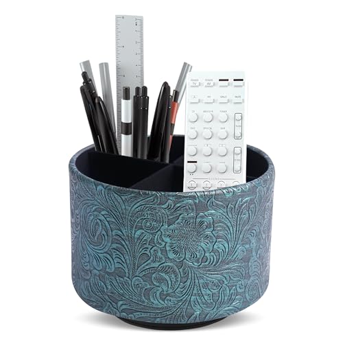 lizimandu Round Leather Art Supply Organizer,Remote Control Holder,360 Degree Spinning,Multi-Functional Pencil Holder,4 Compartments Desktop Stationary Organizer(1-Carved Metal Green3) - color: 1-Carved Metal Green3
