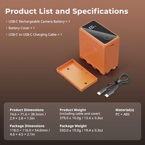 SMALLRIG NP-F970 USB-C Battery, 10500mAh 3.5H Fast Charged NPF Battery - color: Orange
