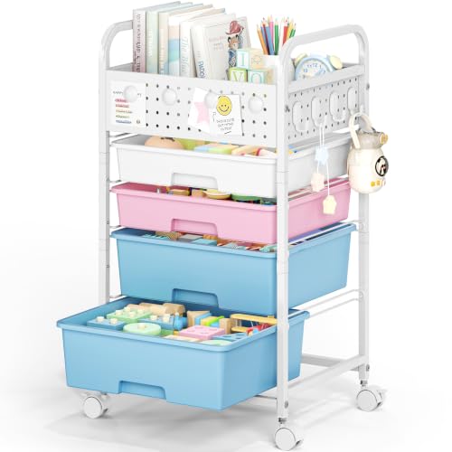 4 Drawer Rolling Storage Cart with Pegboard Top and Hooks, Pink&Blue - color: Pink&Blue, size: 4-Drawers