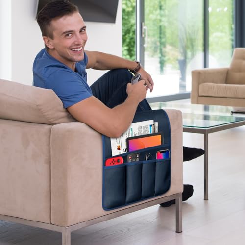 Remote Control Holder for Armchair Caddy, Remote Holder with 5 Pockets - color: Blue-A, size: 35"x12.4"
