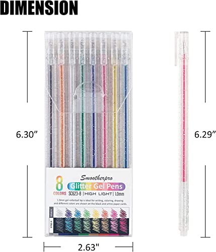 SMOOTHERPRO Glitter Gel Pens, 8 Colors 1.0mm Sparkle Ink - size: 1 Count (Pack of 8)