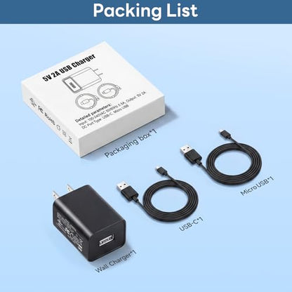 5V 2A Power Adapter, 10W USB Charger, with Type-C and Micro USB Cables, Compatible with Kindle eReaders, Samsung Galaxy Android Phones, Samsung Solar TV Remote, Fire HD Tablet, Speakers and More.