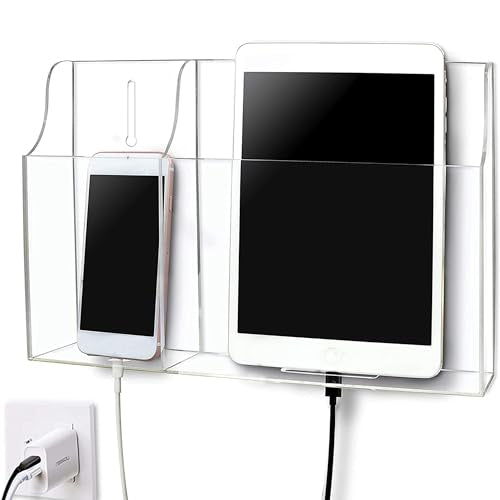 Clear Wall Tablet Holder Acrylic Wall Mounted Phone Holder for iPad, Remote Control Holder Laptop Stand for eReader Storage Caddy with Charging Holes for Kindle iPhone - size: 2-Slot Larger