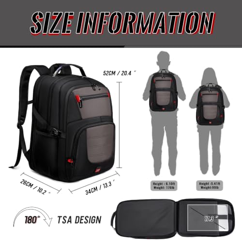 Large Travel Backpack, 17.3" Laptop Backpack, Grey - color: Grey, size: 17.3 Inch（20.4"x13.3"x10.2"）