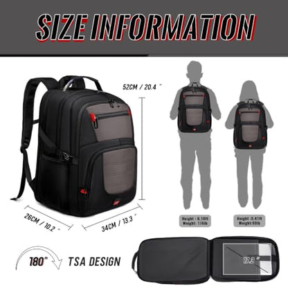 Large Travel Backpack, 17.3" Laptop Backpack, Grey - color: Grey, size: 17.3 Inch（20.4"x13.3"x10.2"）