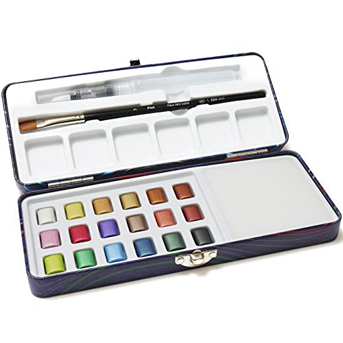 Metallic Watercolor Paint Set with Brush for Beginner- PREZIOSO 18 Half-Pan