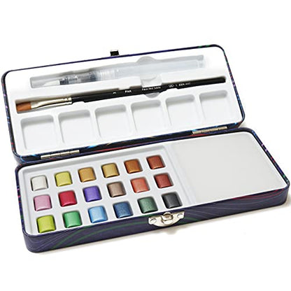Metallic Watercolor Paint Set with Brush for Beginner- PREZIOSO 18 Half-Pan
