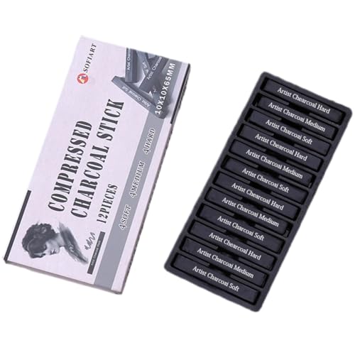 Compressed Charcoal Sticks, 12 Pieces (Soft, Medium, Hard) Square Vine Charcoal Sticks for Drawing, Sketching, Shading, Charcoal Drawing Set for Beginners & Pro Artists