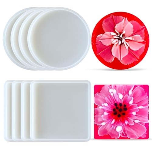8-Pcs Silicone Resin Coaster Tray Mold, Round and Square - color: 4 Rounds + 4 Squares
