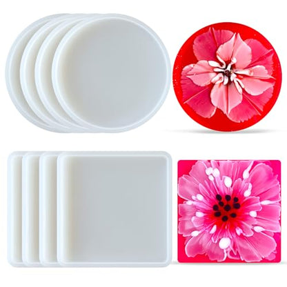 8-Pcs Silicone Resin Coaster Tray Mold, Round and Square - color: 4 Rounds + 4 Squares