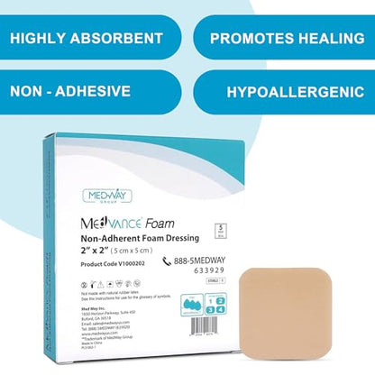 MedVance Waterproof Non-Adhesive Foam Dressing w/o Border, 2"x2", Box of 5 - size: 2"x2" Standard 5 Pack