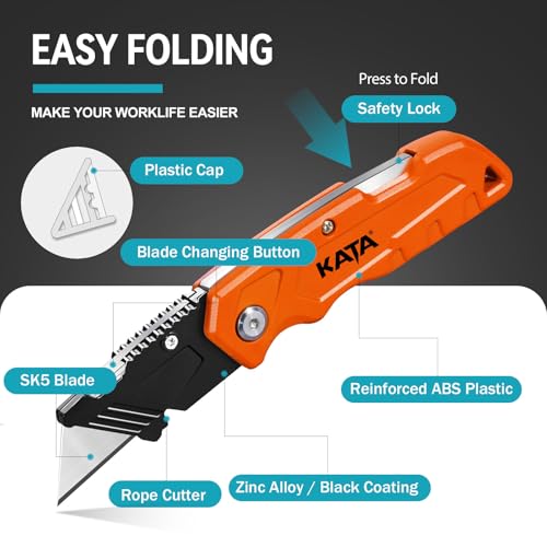 KATA Folding Utility Knife Set, 2 Pack Box Cutter with Extra 10 SK5 Blades - color: Green/Orange