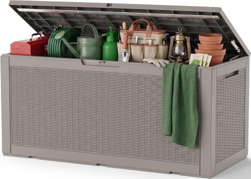 Outdoor Storage Box, 180 Gal Waterproof Resin Deck Box w/Support Rod - color: Grey, size: 180 Gallon