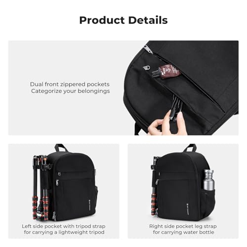 K&F CONCEPT Camera Backpack, Lightweight Camera Bag with Tripod Holder - color: 01-Light Black