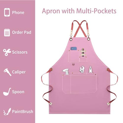 Dulabi Apron, Adjustable Chef Apron for Women and Men with Large Pockets, Cooking Kitchen Apron with Back Straps - color: Pink