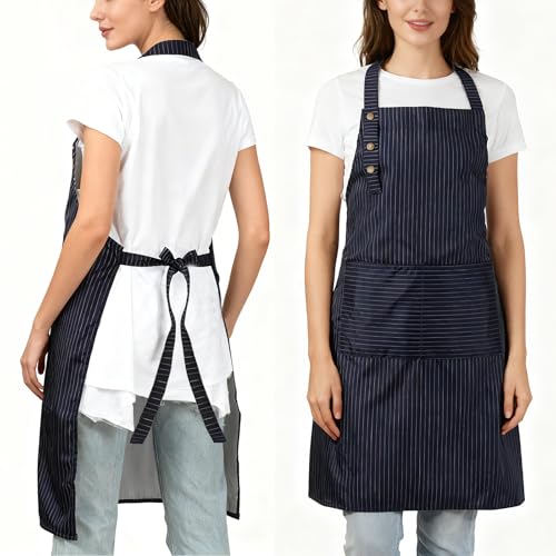 Adjustable Bib Apron Waterdrop Resistant with 2 Pockets Cooking Kitchen Aprons for Women Men Chef - color: Blue