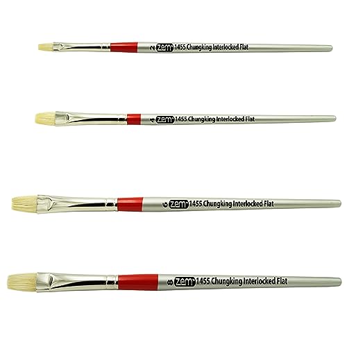 ZEM Brush Chungking Deluxe White Hog Bristle Interlocked Flat Artist Brush Set Sizes 2,4,6,8