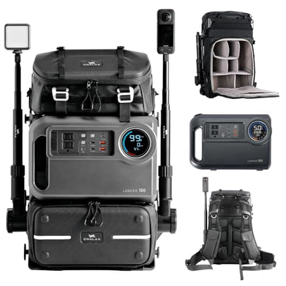 LANCER 100 Travel Camera Backpack with 96Wh Portable Power Station, Modular Hard Shell Photography Bag with Magic Arm, IPX5 Waterproof Drone Backpack Fits 16" Laptop (Black) - color: Black