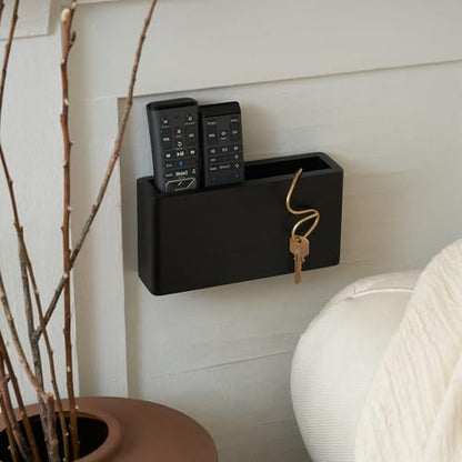 Wooden Remote Control Holder - Adhesive Wall Mount Caddy for 3-4 Remotes - color: Black