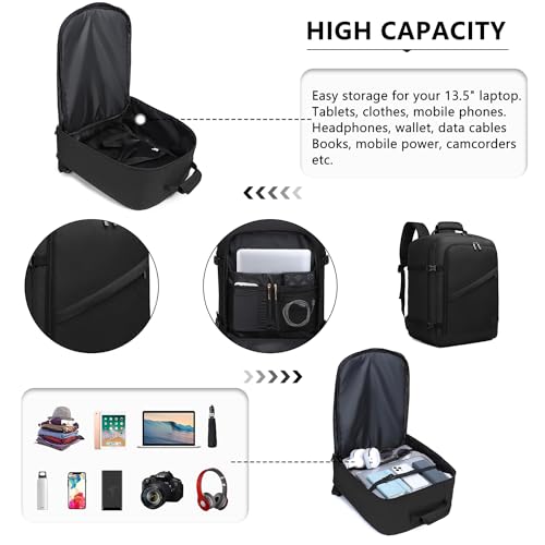 Kono Travel Backpack Airline Approved Overhead Bin Personal Item Bag - color: Black, size: Medium