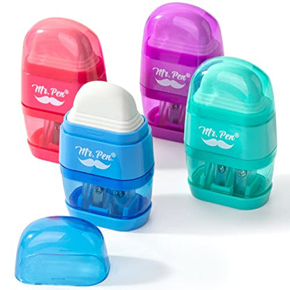 Mr. Pen- Pencil Sharpener & Eraser, 4 Pack - color: Red, Purple, Blue, Green, size: 4 Pack