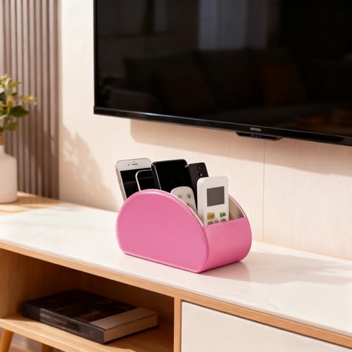 BONNY DODO Remote Control Holders Organizer Box with 5 Compartment PU Leather Multi-functional Office Desk Storage Caddy Store (Pink) - color: Pink