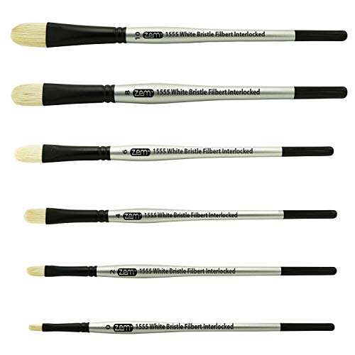 ZEM Brush Interlocked White Hog Bristle Filbert Artist Brushes Oil Paint Set 6 pcs
