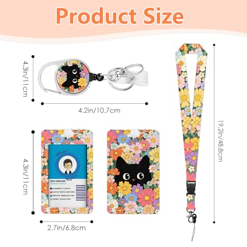 Black Cat Flower Lanyards for Badges, Cute ID Badge Holder - color: Cat Flower