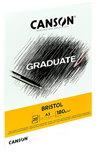 CANSON Graduate Bristol 180gsm A3 Paper, Very Smooth, Pad Glued Short Side, 20 Bright White Sheets, Ideal for Student Artists - size: A3
