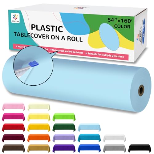 54IN X 160FT Plastic Table Cover Roll with Cutter Box, Cut to Size Plastic Table Cloths for Parties, Birthday, (Light Blue, 54"x1920") - color: Light Blue, size: 1920" x 54" (Rectangular)