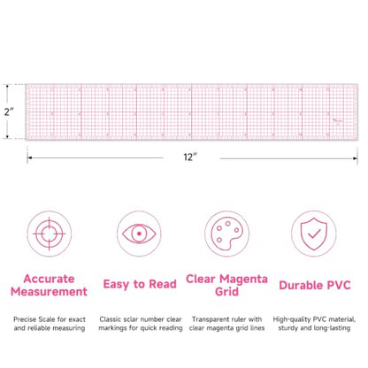 YLaziion Clear Ruler for Sewing 2x12 Inch Grid Graph Ruler 1.4mm Thick PVC - style: 12" Design Ruler