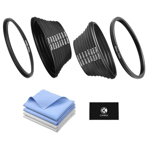 18-Piece Filter Ring Adapter Set - 9X Step-Up Rings and 9X Step-Down Rings for Lens Filters, Lens Hoods, and Lens Converters - Includes 4X Microfiber Cleaning Cloths (7x6 Inches) - color: Step Up + Down Lens Filter Adapter Kit - Set of 18