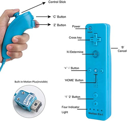 Motion Plus Wii Controllers 2Packs with Nunchucks, Wii Remote Controllers Compatible for wii and Wii U with Built in Motion Plus - color: wblue+wblue
