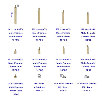 295PCS M2 Brass Male-Female Hex Standoffs, 304 SS Screws & Nuts Kit - size: M2