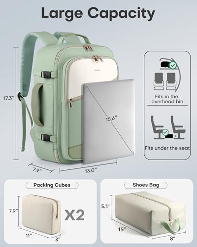 HOTOR Travel Backpack Women, 3 Packing Cubes Carry on Luggage - color: Green, size: 17.3" x 13.0" x 7.9"