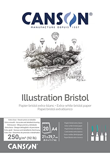 CANSON Illustration Bristol 250gsm A4 Satin Card Pad 20 Sheets Extra White - size: A4 - 21x29.7cm