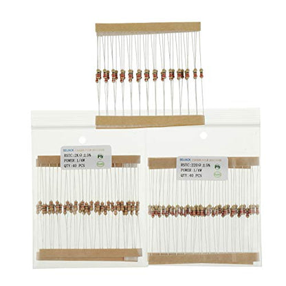 BOJACK 1000 Pcs 25 Values Resistor Kit 1 Ohm-1M Ohm with 5% 1/4W Carbon Film Resistors Assortment - size: 1/4 W