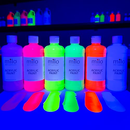 milo Fluorescent Acrylic Paint Set, 6 Neon UV Colors, 16 oz Bottles - style: Fluorescent Set 6 x 16 oz