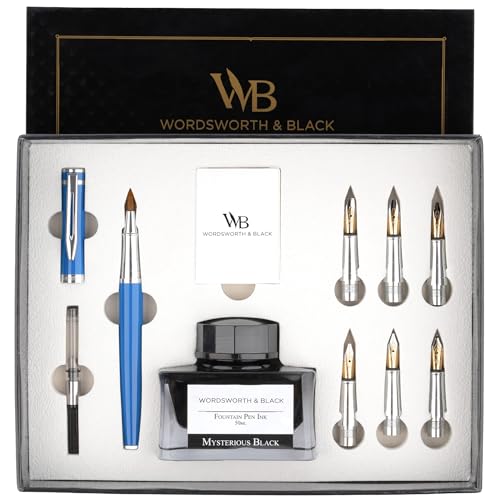 Wordsworth & Black Luxury Calligraphy Pen Set for Writing, 6 Nibs, Blue - color: Blue Chrome
