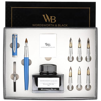 Wordsworth & Black Luxury Calligraphy Pen Set for Writing, 6 Nibs, Blue - color: Blue Chrome