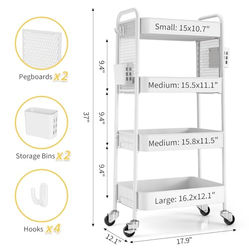 TOOLF 4 Tier Rolling Cart, Metal Utility Storage Cart with Pegboard, White - color: White, size: 4-Tier