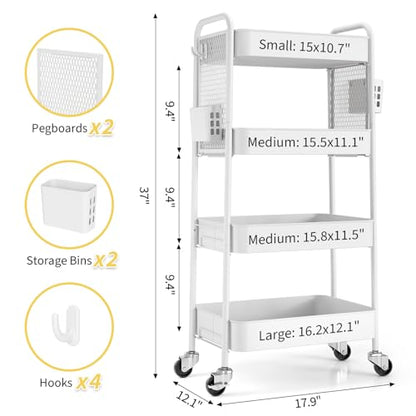 TOOLF 4 Tier Rolling Cart, Metal Utility Storage Cart with Pegboard, White - color: White, size: 4-Tier