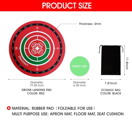 Universal Night-Visibility Drone Landing Pad, Fast-Foldable, Double-Sided Waterproof & Easy-Clean, Weighted Wind-Resistant Launch Pad for Mini 5/4/3 Pro/Mini 4k/Air 3s/Avata 2/Mavic 4 Series Quadcopters(Red) - color: Red