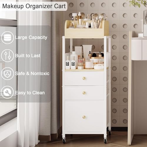Makeup Organizer Cart with Drawers Rolling Makeup Cart for Bedroom - color: White