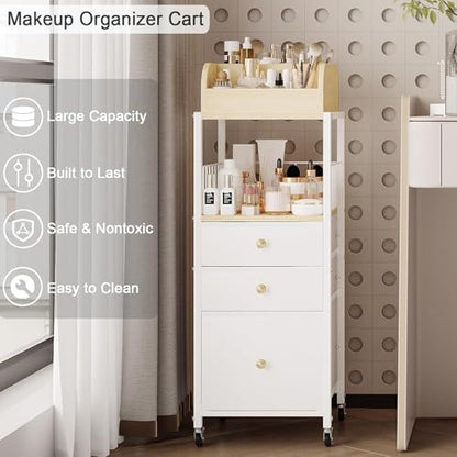 Makeup Organizer Cart with Drawers Rolling Makeup Cart for Bedroom - color: White