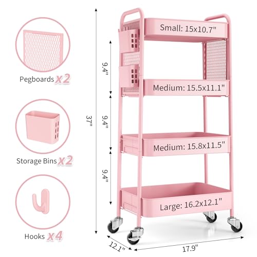 TOOLF 4 Tier Rolling Cart, Metal Utility Storage Cart with Pegboard, Pink - color: Pink, size: 4-Tier
