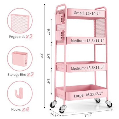 TOOLF 4 Tier Rolling Cart, Metal Utility Storage Cart with Pegboard, Pink - color: Pink, size: 4-Tier